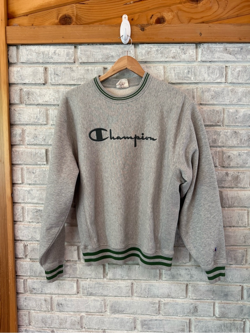 Vintage reverse weave Champion Heather Gray Crewneck Sweater with Green Stripes